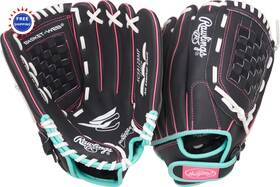 R00713827 Rawlings Softball Glove Sure Catch Youth Series 12 Right Hand Black Mint Pink
