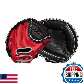 B0d894gnv9 Wilson A500 32 Inch Youth Baseball Catchers Mitt - Right Hand Throw Black/red/grey