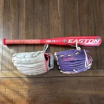 Easton Pink Bat & Rawlings Youth Purple Softball Gloves W/pants. Fixed Price $50.00.