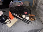 Louisville Slugger Bat, Rawlings Bag, Glove, Wilson Lot. Fixed Price $59.99.