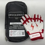Youth Small Bruce Bolt Short Cuff Pro Chrome Batting Gloves White Red Leather. Fixed Price $71.99.
