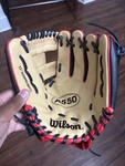 Wilson A550 11" Leather Padded Baseball Glove Left Hand Throw Tan/black/red. Fixed Price $30.00.