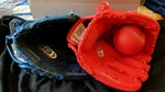 Franklin Youth Fielding Gloves With Ball Right Hand Throw Red & Blue 9". Fixed Price $14.99.