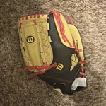 Wilson 11.5" Right Hand Throw Leather Baseball Glove Black Yellow Red. Fixed Price $35.00.