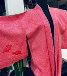 Used Excellent Kimono Haori: Pure Silk, Bright Red With Leave Patteun 805026. Fixed Price $58.00.