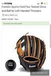 Franklin Sports Field Flex 9.5" Tee Ball Glove Rh Throw Hook & Loop Strap. Fixed Price $17.00.