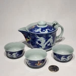 Asian Porcelain Blue Mini Single Dragon Teapot & 3 Cups Set Strainer. Fixed Price $18.95.